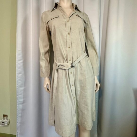 Theory Saige Shirt Belted Dress in Barley Color Linen Blend Women's Size 12 - Picture 1 of 7